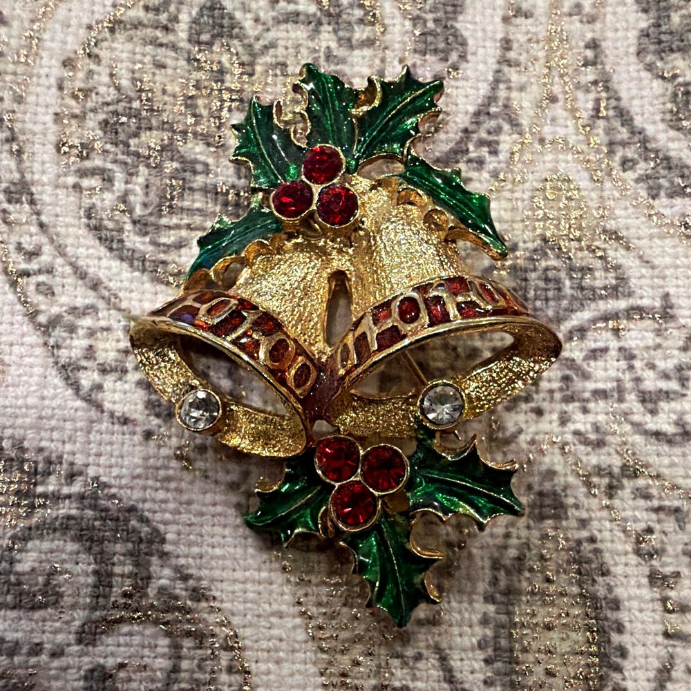 Gold Tone Christmas Bells & Holly Brooch Pin, Green Red Enamel, Rhinestones
